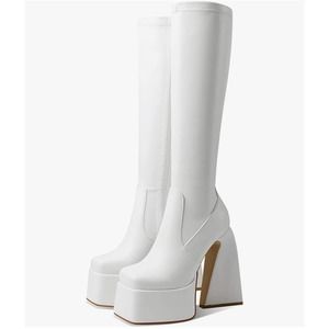 Goiphrri platform white knee high chunky heel boots size 6